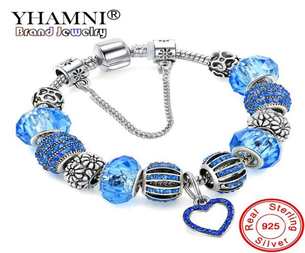 

yhamni original solid 925 silver blue charm bracelet bangle with love and flower crystal beads safety chain bracelet for women hb02675740, Golden;silver