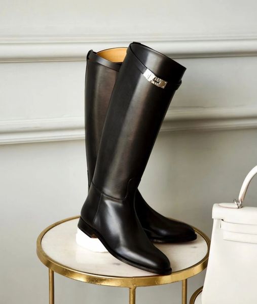 

perfect brands jumping tall boot kelly buckles women genuine leather knee-boots black brown ladies martin booties female knight boots sapato