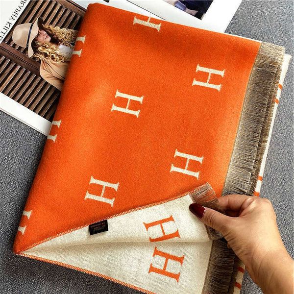 

h home womens scarf wholesale 2023 new autumn and winter scarf letter jacquard double sided color block korean version imitation eszu, Blue;gray