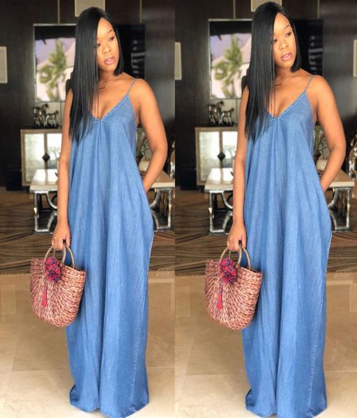 

solid color boho casual denim jeans dress boho sleeveless backelss summer long denim maxi dress women jeans dresses plus size6543281, Black;gray