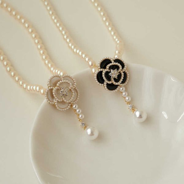 

c208 camellia necklace light luxury small pearl neckchain female xia xiao fresh sweet flower collar chain new style, Black