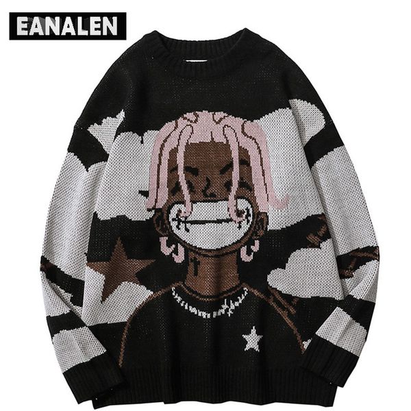 

women's sweaters harajuku vintage cartoon anime knitted sweater men winter oversized men's rock hip hop rap pullover women jumper, White;black