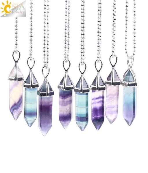 

csja multi colored natural fluorite gemstone healing point hexagonal pillar charms pendant necklaces reiki meditation jewel1270912, Silver