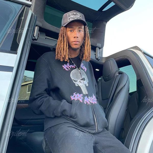 

y2k european and american autumn and winter men's gothic sports casual coat retro dark rock skull print loose hoodie, Black