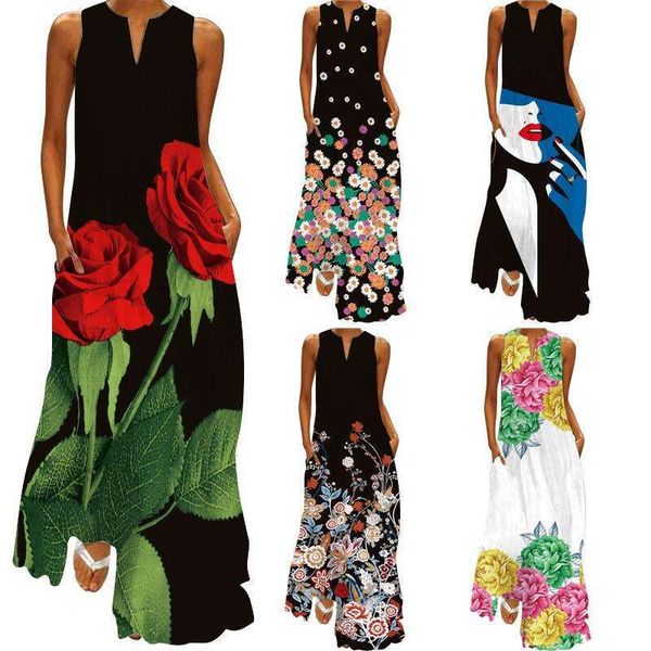 

womens fashion sleeveless casual print v neck long dress loose for women, Black;gray