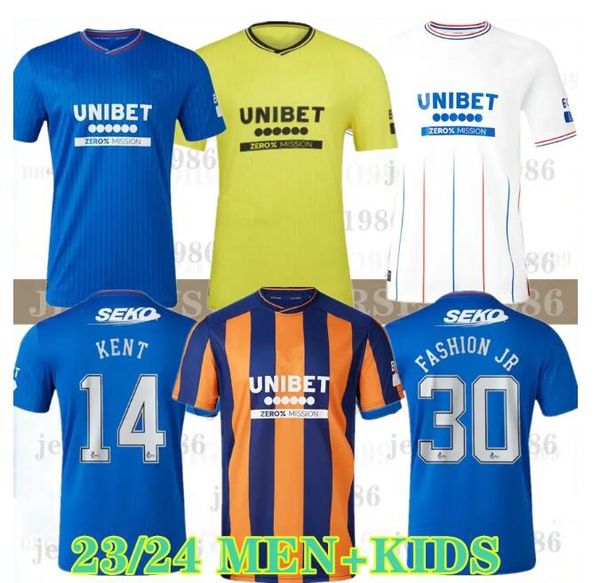 

23 24 rangers soccer jerseys glasgow 2023 2024 home away tee champions 150th legendary version defoe barker morelos men kids training footba, Black;yellow