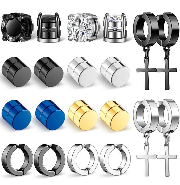 

10 pairs magnetic stud earrings stainless steel non piercing dangle hoop earrings clip on cz magnet earring set7036700, Golden;silver