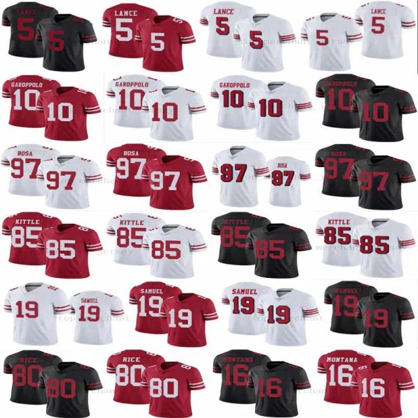 

men 85 george kittle 5 trey lance football 97 nick bosa jersey 19 deebo samuel 80 jerry rice 16 montana 10 jimmy garoppolo jerseys, Black;red