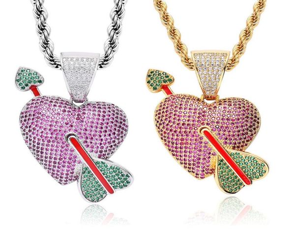 

cubic zirconia arrow pierced heart necklace jewelry set 18k gold bling iced out love pendant hiphop necklaces women men stainless 9239614, Silver