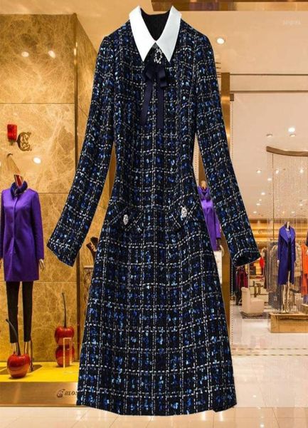 

jsxdhk vestidos autumn winter diamonds bow tie turn down collar tweed dress runway women plaid beaded tassel woolen a line dress19877629, Black;gray