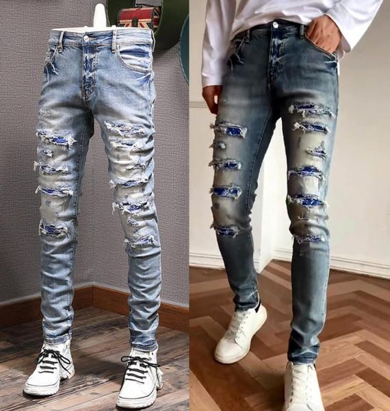 

broken jeans men039s skinny fit paneled stretch denim trousers in blue2008881, Blue