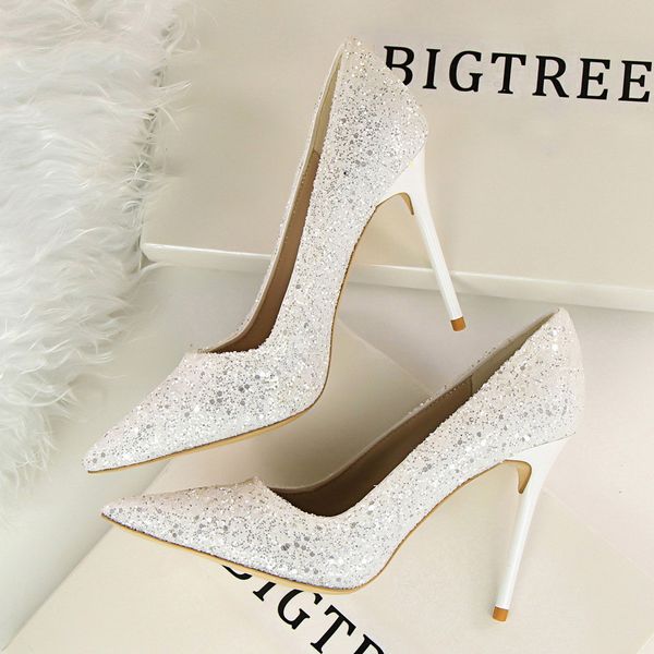 

9219-1 european american style women dress shoes high heels shallow mouth pointed toe shining sequins slimming nightclub single shoes, Black