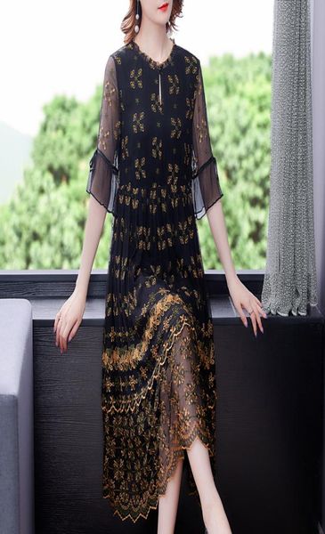 

embroidered silklike midlength dress in summer of 20210127837842, Black;gray
