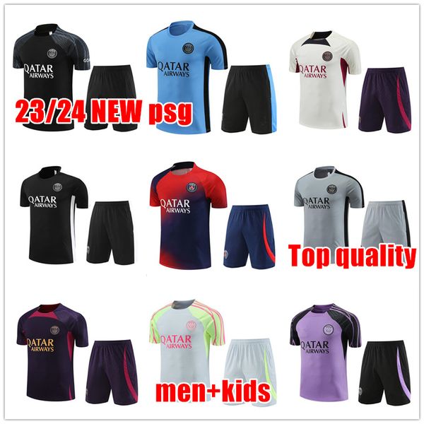 

23 24 pre-match training suit psgs tracksuit mbappe 23/24 new paris men and kids short sleeved suit soccer jersey kit uniform chandal sweats, Black