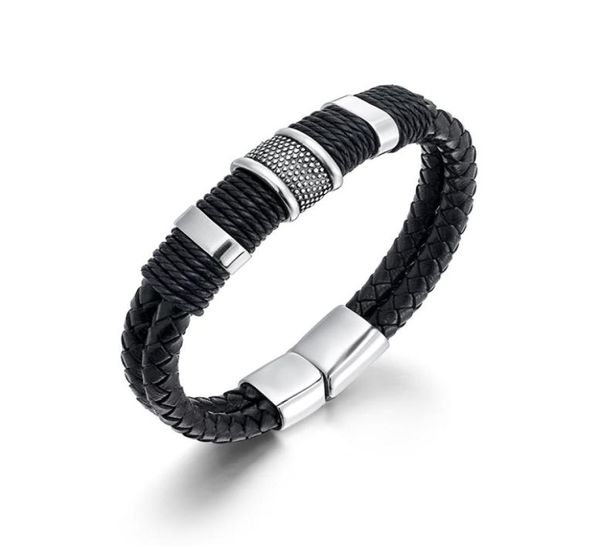 

strong men039s genuine leather braided sufer black bracelet wristband stainless steel clasp 866quot2216288, Golden;silver