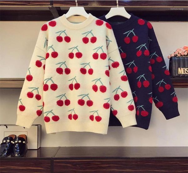 

women039s sweaters autumn winter casual retro sweater oneck pullover long sleeve korean loose cherry knitted woman clothing 207619080, White;black