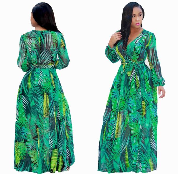 

printing chiffon maxi dresses 2021 autumn v neck women bohemian dress long sleeves plus size female dresses7967609, Black;gray
