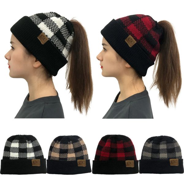 

new style ladies plaid ponytail woolen cc cap fashionable european and american curled edge warm knitting warm earmuff head hatzz, Yellow