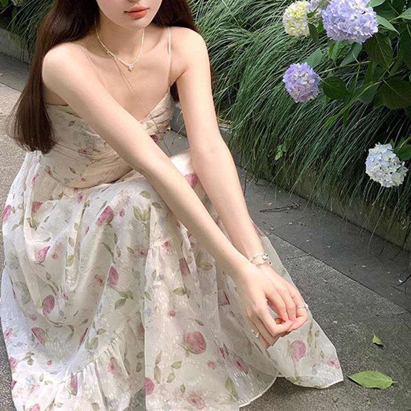 

pingyou french liwu garden rose print dress long womens summer style, Black;gray