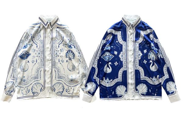 

casablanca button up shirt blue and white porcelain swan printed shirt thin small individual ruffian handsome casual long-sleeved shirt for, White;black