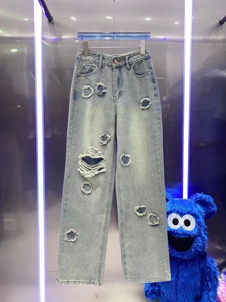 

jeans new fashion jean womens casual designer jeans wide leg letter printed pants hollow out zipper clothes embroidery straight denim pants, Blue