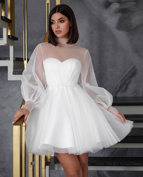 

elegant short tulle civil wedding dress a-line long sleeves high neck bridal gowns with beaded sash robe de soiree for women, White