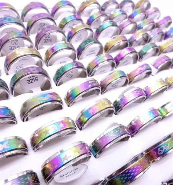 

wholesae 100pcs lot stainless steel spin band rings rotatable multicolor laser printed mix patterns fashion jewelry spinner party 6877576, Silver