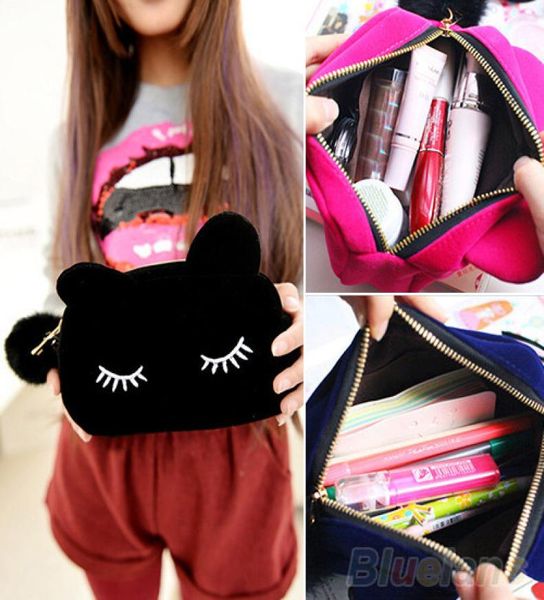 

cute portable cartoon cat coin storage case travel makeup flannel pouch cosmetic bag korean and japan style 5157029