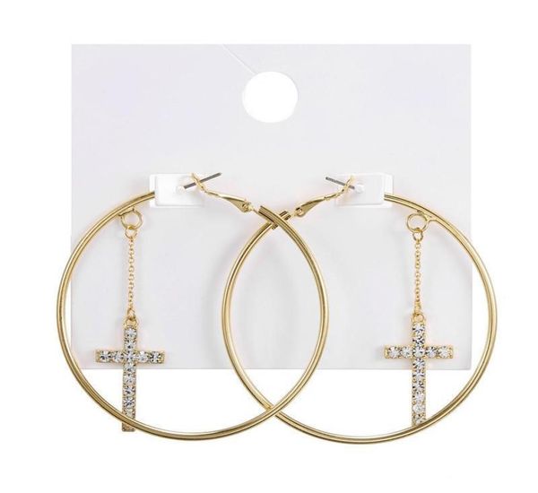 

korean design minimalist gold color big hoop earrings with crystal pendant women's vintage charm hoops earring4222237, Golden;silver