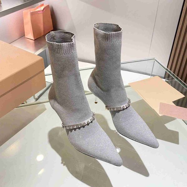 

designer boots miu sneakers temperament elastic slim boots pointed head thin heels short boots women's spring autumn single boots pearl, Black