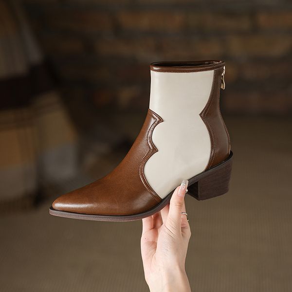 

boots winter pointed toe women boots chunky heel women shoes short boots retro western boots ankle boots genuine leather 230728, Black