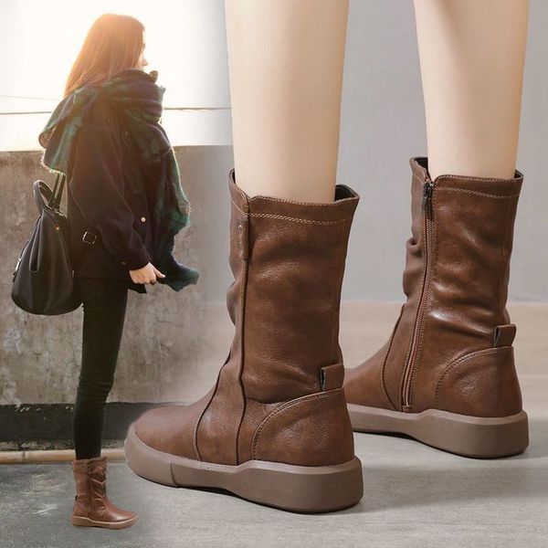 

boot ankle ladies shoes slip on mid calf platform soft pu leather long boot footwear woman fashion autumn winter 230729, Black