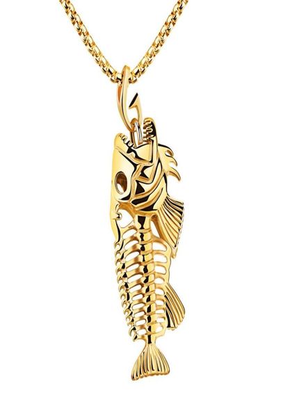 

fish bone necklace skeleton pendant titanium steel chain 2362inch men039s long section8391142, Silver