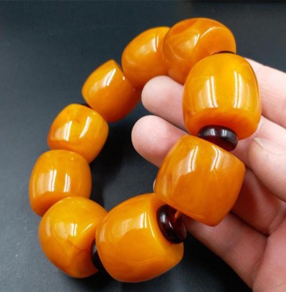 

20mm yellow beeswax old honey wax amber bracelet round barrel bead row men hand bangle suitable for 1525cm67895429386288, Golden;silver