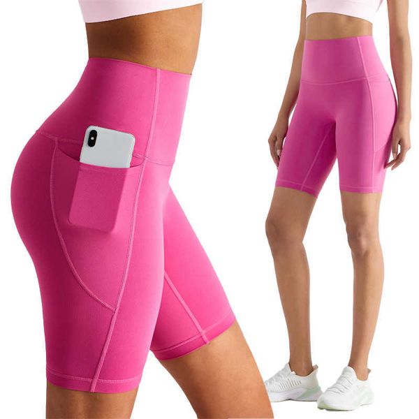 

ll-01 women workout shorts nude feeling high waist knee length trousers with pocket fitness gym cycling pants elastic sports leggings