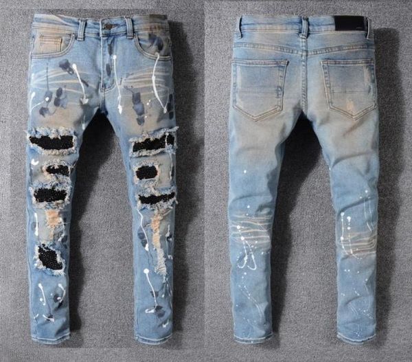 

arrivals w42 w40 waist classic luxury designer mens jeans tear hole slim highgrade recycled water simple generous casual style de5408692, Blue