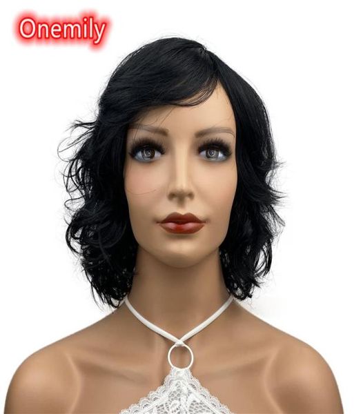 

onemily short wavy wave curly heat resistant synthetic hair wigs for women girls with bangs party evening out jet black7334804, Black
