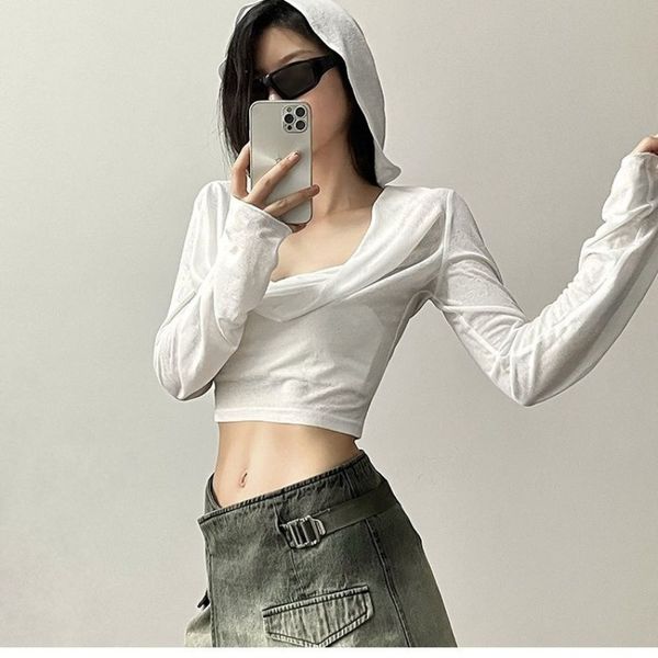 

cool girl hooded t-shirt women's thin sunscreen short crop top, Black