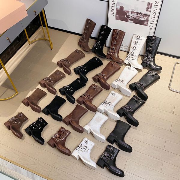 

classic designer vintage luxury women boots tall high platform boots y2k style brown leather biker boot round toe chunky heel boots belt buc, Black