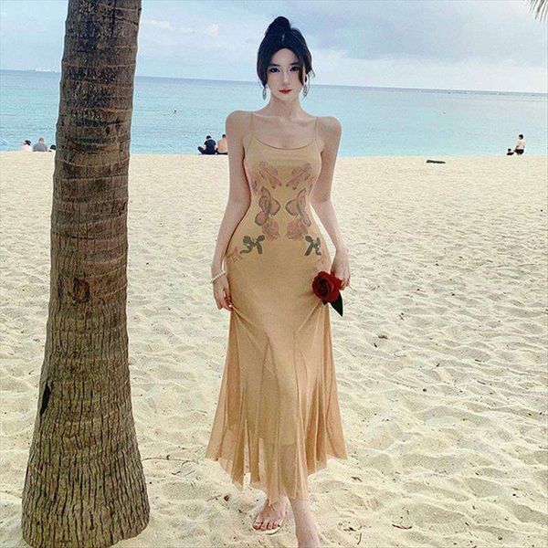 

french printed mesh elastic spaghetti strap dress for women summer slim fit figure flattering skirt seaside holiday, Black;gray