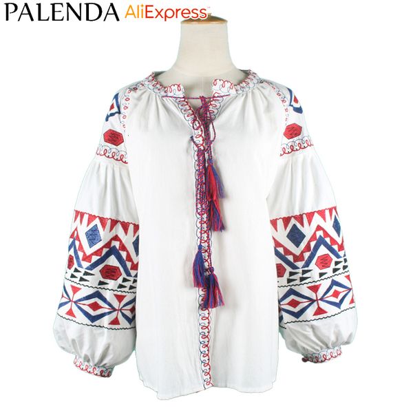 

womens blouses shirts arrive autumn shirt blouses women leisure bohemian embroidery vyshyvanka lantern sleeve wide fit loose size 230729, White