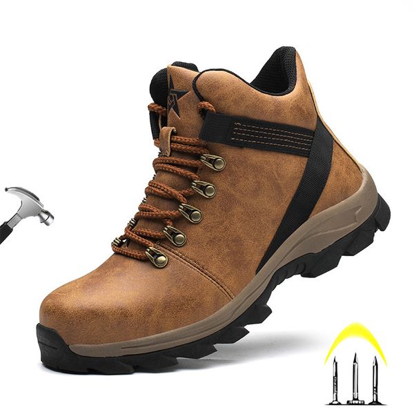 

safety shoes waterproof borwn color safety shoes men steel toe work boots hiking trail anti-smash non slip botas platform boots hombre 23072, Black;brown