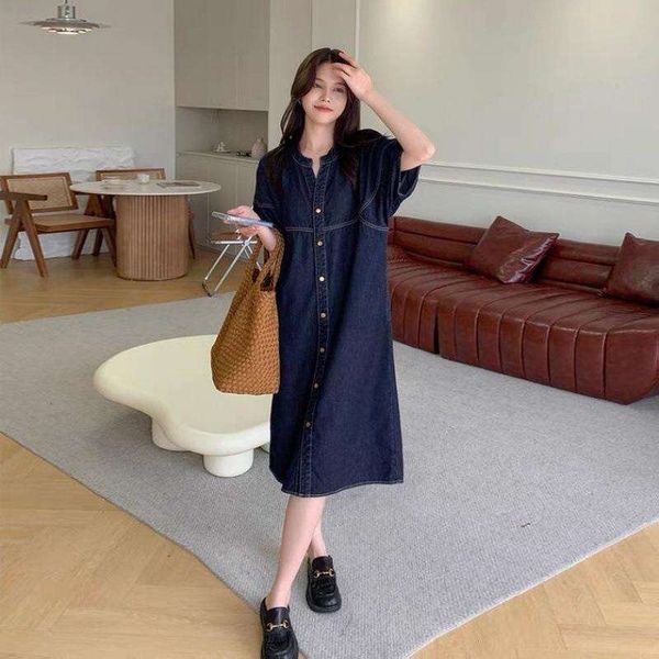 

hong kong style retro denim dress for women summer loose casual straight skirt round neck single breasted mid long, Black;gray