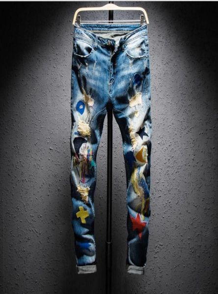 

ripped pant mens colored patchwork ripped jeans casual embroidery stretch denim pant slim fit straight trousers size 28 36 j30374350555, Blue