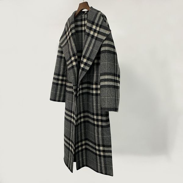 

tote/me silhouette side slit wool lapel plaid plaid medium length coat thick coat long coat, Black