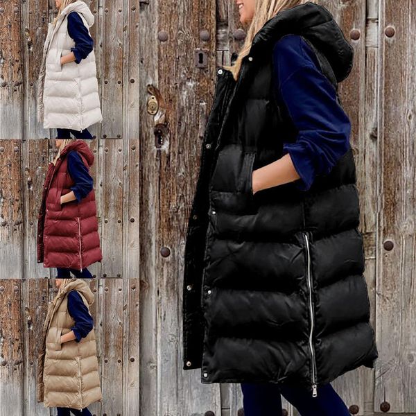 

women s vests sleeveless puffer jacket women hooded cotton padded waistcoat casual streetwear zipper pocket plus size long quilted coat 2307, Black;white