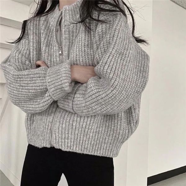 

women's knits tees xpqbb autumn winter women sweater coat harajuku loose long sleeve zipper knitted cardigan woman solid casual cropped, White