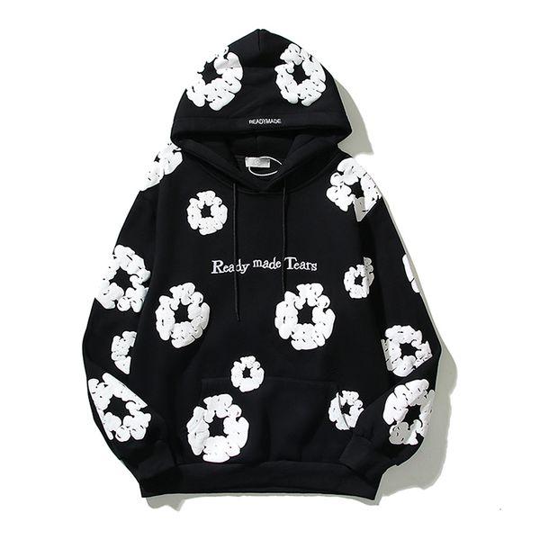 

mens hoodies sweatshirts retro foam kapok print letter embroidery pullover hoodies mens and womens streetwear oversize fleece hooded sweatsh, Black