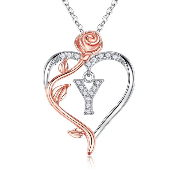

iefil rose heart necklaces gifts for women,925 sterling silver rose love heart initial letter pendant necklace jewelry mothers day valentine