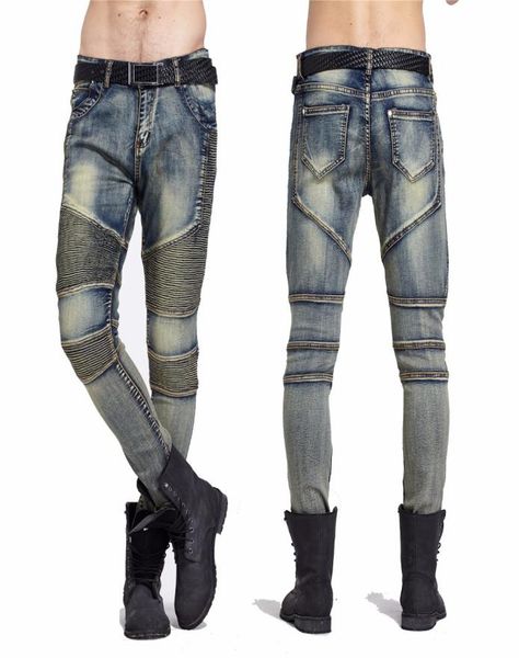 

fashionmens skinny jeans men runway distressed slim elastic jeans denim biker jeans hip hop pants washed pleated jean blue1150385, Blue
